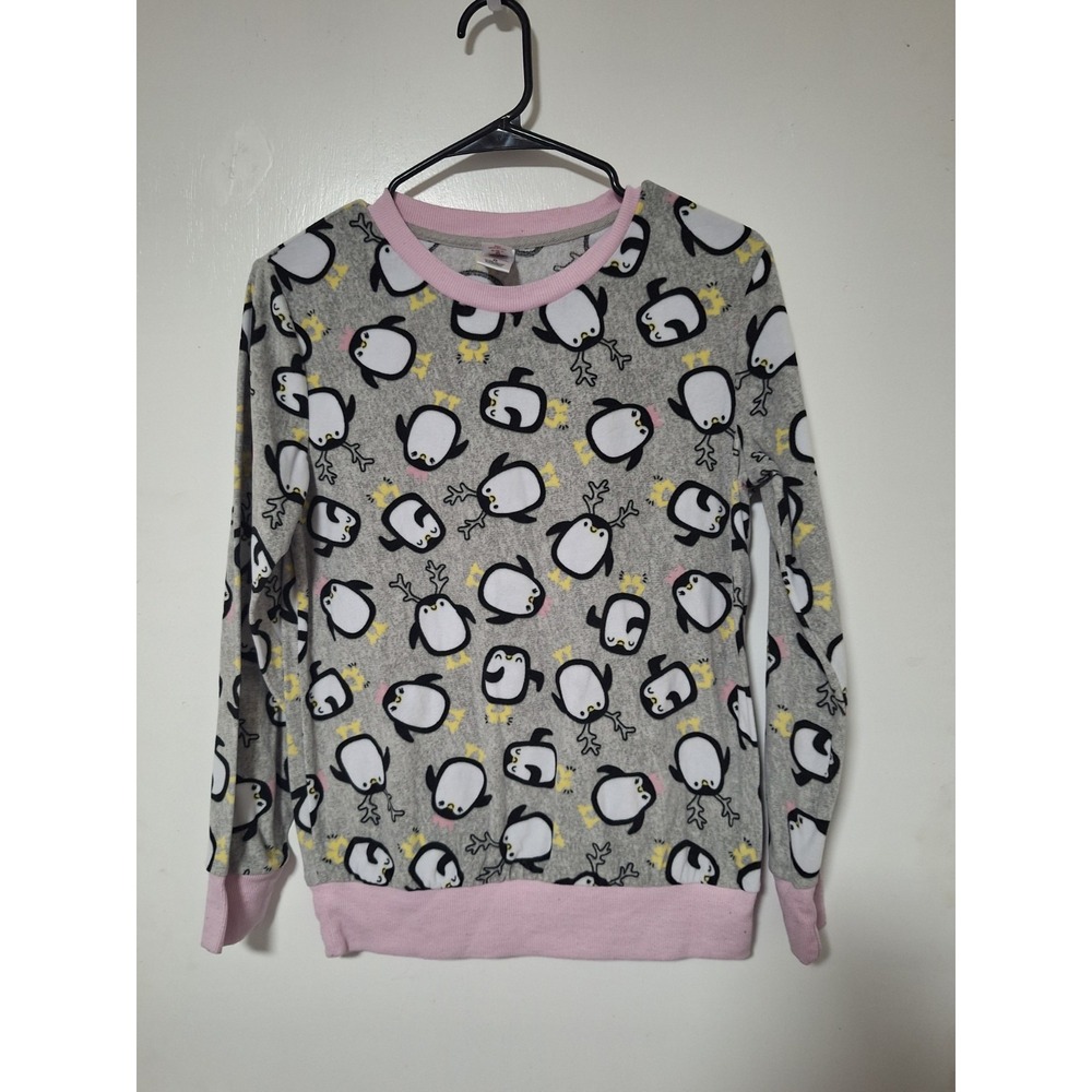Holiday Time Womens XS Sleep Shirt Pajama Top Fleece Penguin Christmas Pink Gray